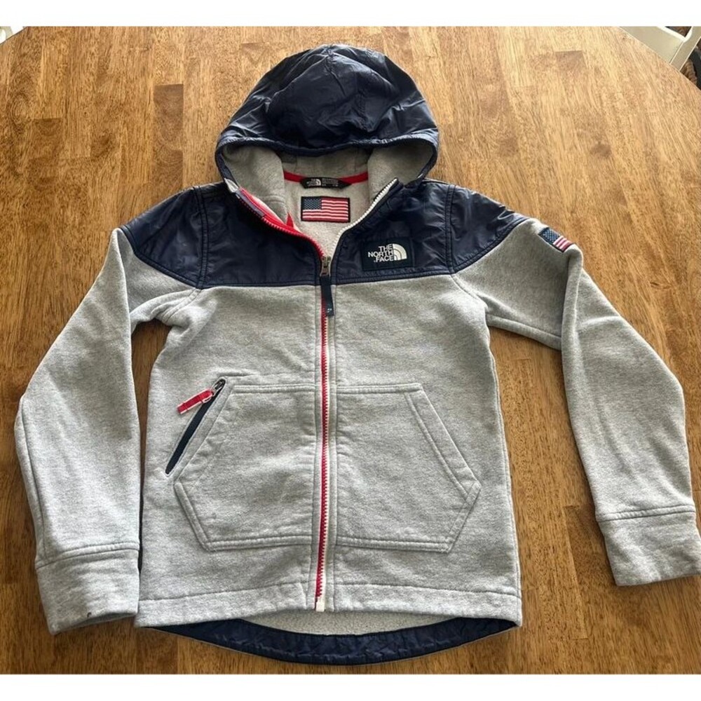 The North Face Boys 7/8 Full Zip Hoodie Jacket Gray Navy USA Flag